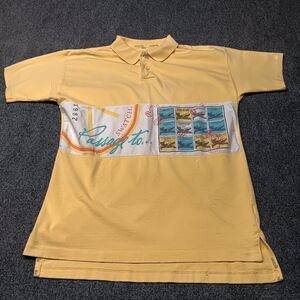 Vintage Swatch Polo‎ Shirt Men Large Yellow Postage Stamp Vacation Golf